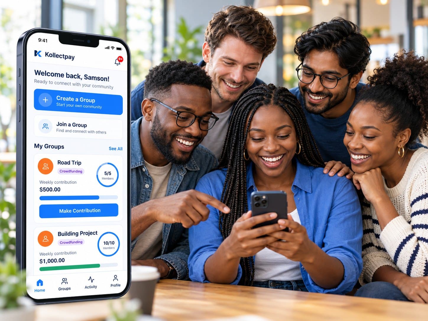 Friends gathered around a phone using the KollectPay app to build a savings circle